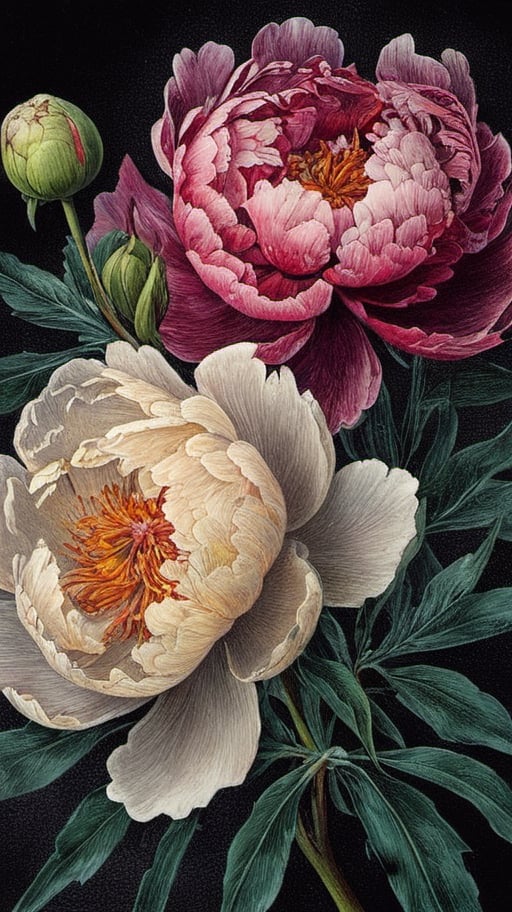 A dramatic All-Peony Plant Collage, of different papers, different looks, different colours, intricately textured, structured and detailed,  deep focus, deep contrast, clear outlines, detailmaster2,  backlight,  dark palette,  ,aw0k collage,digital painting,oil paint,ink ,ink art,Pomological Watercolor,watercolor