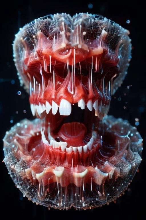 A ballet  of prothetic zirkonium teeth and natural teeth on stage, solo is one big white tooth,  a surrealistic scenery, cinematic, blush Matrix, moody lighting, studio light teeth in the background ,3D Mesh,dissolving into pixels