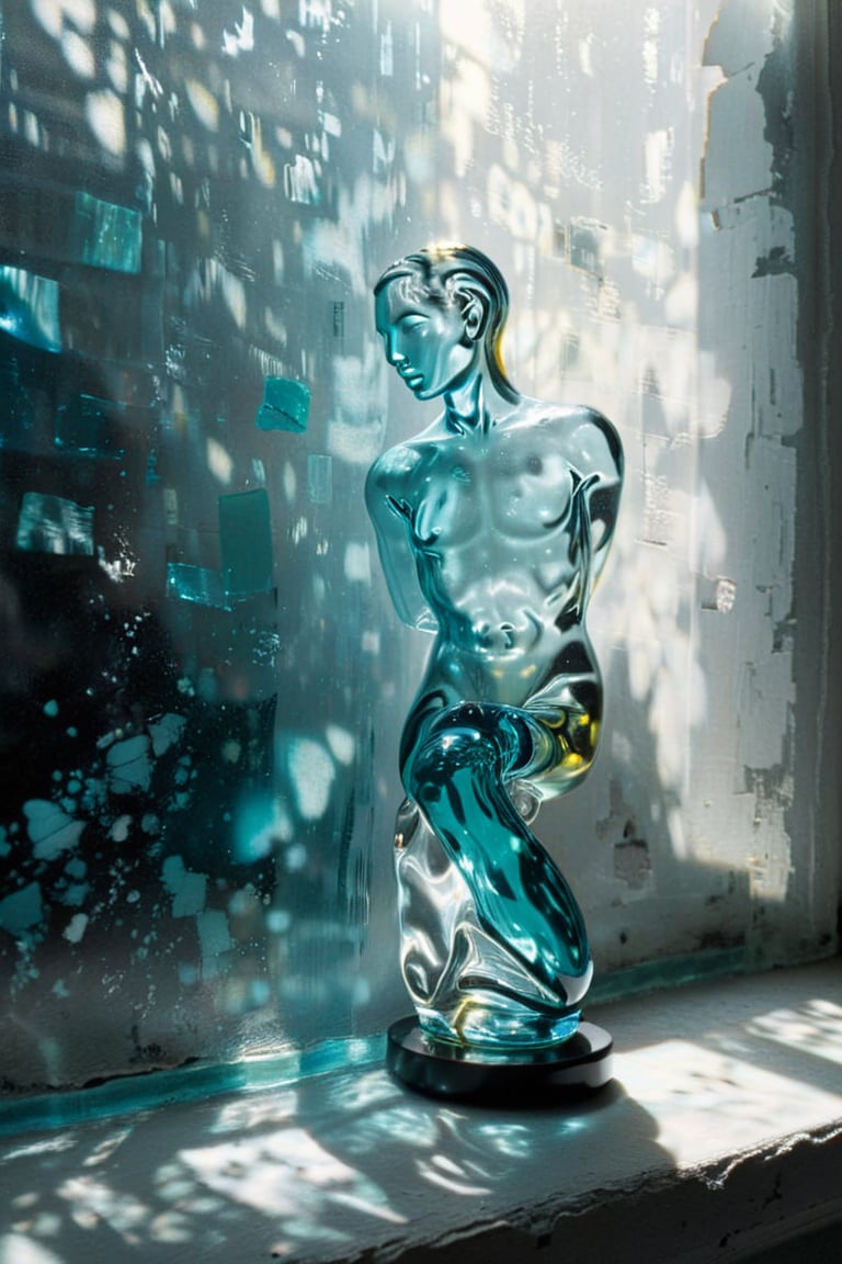  (photographic artwork, masterpiece) ((monochrome  image 50s style black and white and teal, azure and yellow), evening  side- view of  1 translucent abstract glass statuette on a windowsill throwing complicated  distorted shadows on a wall and the windowsill in the photographic style of Andre Kertesz, moody dark palette, side- light, ray  tracing shadows, transparent  fading,  resolution and contrast and colour contrast,  intricately textured and extremely subtle detailed,  detailmaster2,  side-light, ultra  quality,  fine artwork 