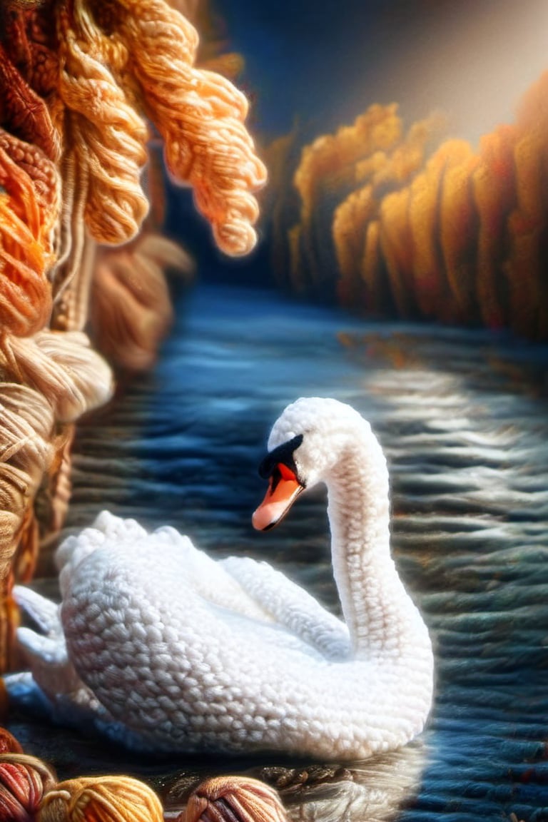 A crocheted white swan on a crocheted river, dark vivid palette,  high resolution and contrast and colour contrast,  intricately textured and extremely expressive,  detailmaster2,  side-light,  ultra quality,  fine artwork 