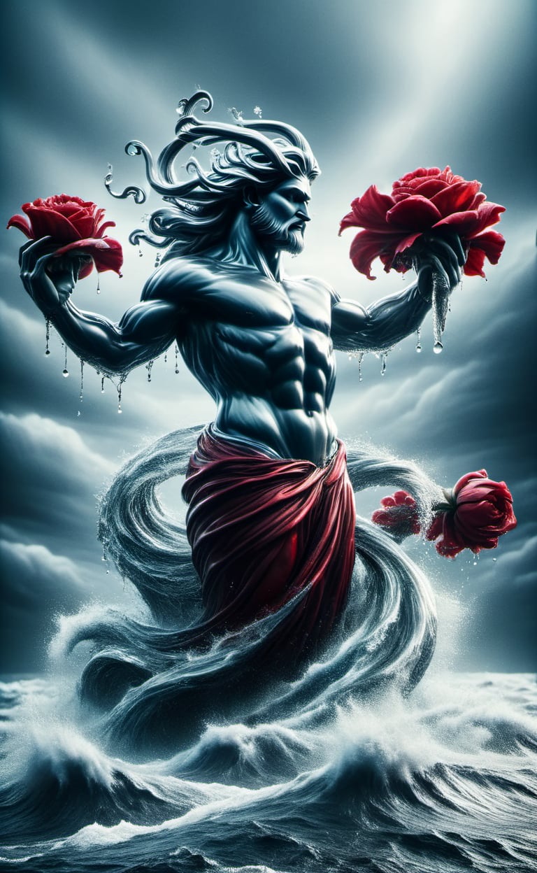 Poseidon appears from the stormy sea, dark palette,  high resolution and contrast and colour contrast,  intricately textured and extremely subtle detailed,  detailmaster2,  side-light,  ultra quality,  fine artwork ,colorful,Movie Still