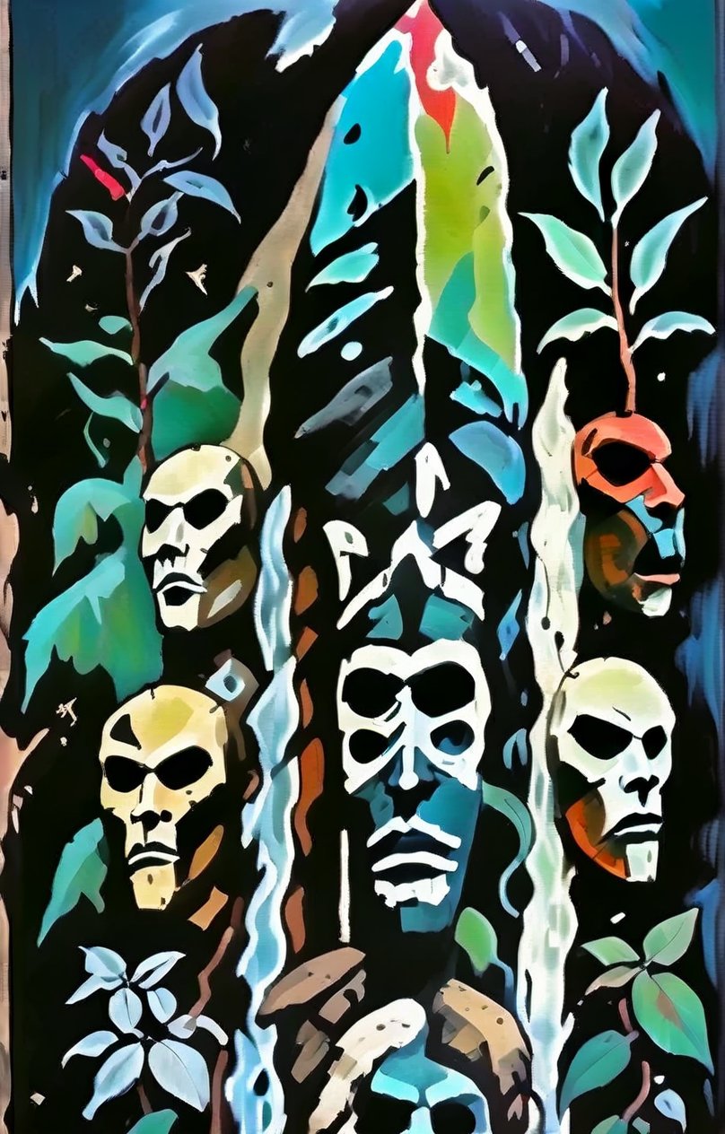 (A totem dance in rainforest around a masked tree with cut in masks  of gods and demons:1.6),BREAK,(masked with demonesc wood masks, men and women dancing together around the tree:1.2),BREAK, (dark greens, browns, grays, yellows and muted colours:1.2), intense atmosphere, action, elegant deep focus, detailmaster2,  strobe lighting, concept art, ultra quality,  fine artwork 