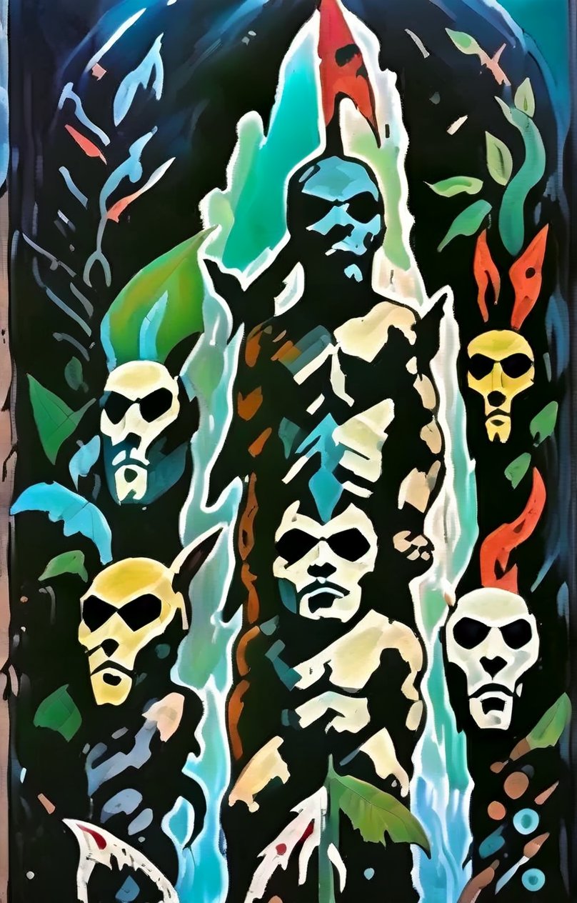 (A totem dance in rainforest around a masked tree with cut in masks  of gods and demons:1.6),BREAK,(masked with demonesc wood masks, men and women dancing together around the tree:1.2),BREAK, (dark greens, browns, grays, yellows and muted colours:1.2), intense atmosphere, action, elegant deep focus, detailmaster2,  strobe lighting, concept art, ultra quality,  fine artwork 