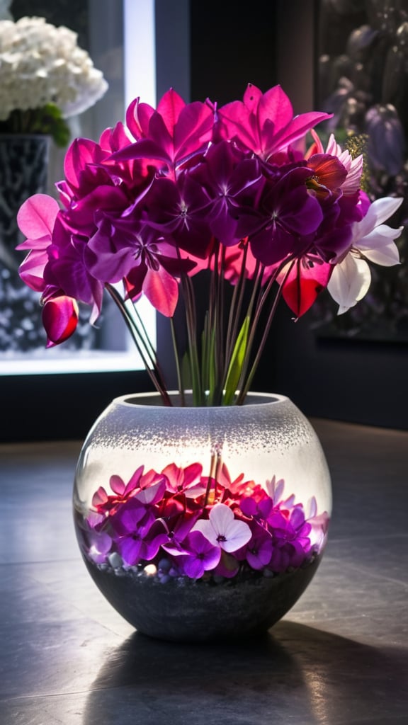 (((Black and white photography )))_(((Art photography, masterpiece)))_( A large round translucent concrete crystal  vase filling the image, lying on a museum floor with scarlet cyclamen  ,a light-violet hydrangea  in divergent perspective:1.7)_(black and white  surroundings:1.2),  dark palette, 28mm, t1/250, f14,  high resolution and contrast and colour contrast,  intricately textured and extremely subtle detailed,  detailmaster2,  side-light, volumetric  lighting, ultra quality,  fine artwork , Raw Photo