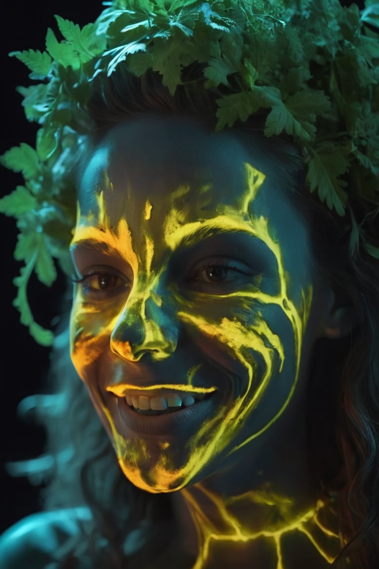 The face of a laughing beauty masked with a crust  of parsley,thyme and sage on the face  with a bioluminescent effect, high resolution and contrast and colour contrast,  intricately textured and extremely detailed,  detailmaster2,  backlight,  ultra quality,  dark  vivid palette , light-orange/yellow luminescent background, blue middleground
 ,LuminescentCL,outline