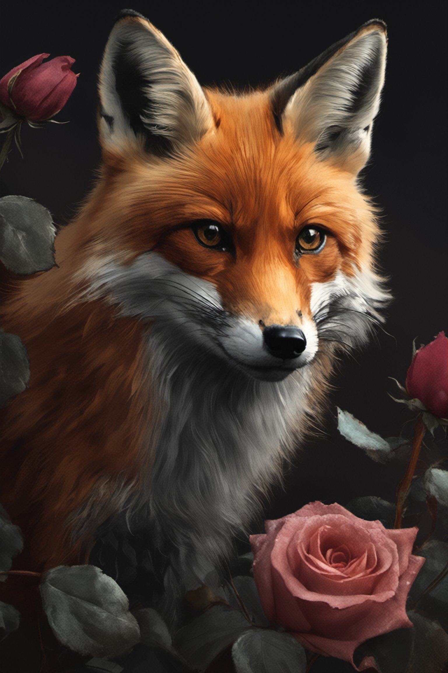 A cute foxsmells on a rose  and shows therefore consternation,  dramatic surrounding  and atmosphere, high resolution and contrast and colour contrast,  intricately textured and extremely detailed,  detailmaster2,  side-light,  ultra quality,  dark palette