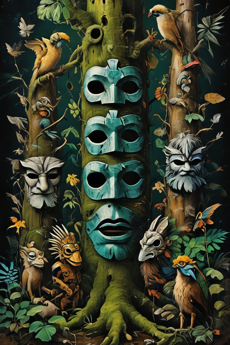 (A totem dance in rainforest around a masked tree with cut in masks  of gods and demons:1.6),BREAK,(masked with demonesc wood masks, men and women dancing together around the tree:1.2),BREAK, (dark greens, browns, grays, yellows and muted colours:1.2), intense atmosphere, action, elegant deep focus, detailmaster2,  strobe lighting, concept art, ultra quality,  fine artwork 