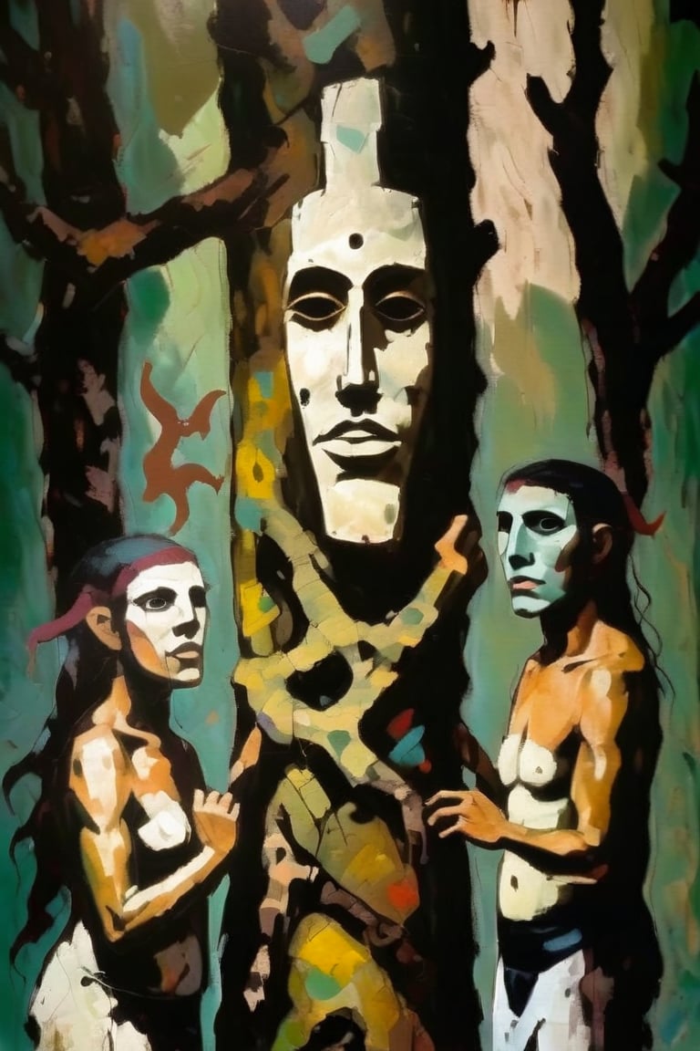 (A totem dance in rainforest around a masked tree with cut in masks  of gods and demons:1.6),BREAK,(masked with demonesc wood masks, men and women dancing together around the tree:1.2),BREAK, (dark greens, browns, grays, yellows and muted colours:1.2), intense atmosphere, action, elegant deep focus, detailmaster2,  strobe lighting, concept art, ultra quality,  fine artwork 