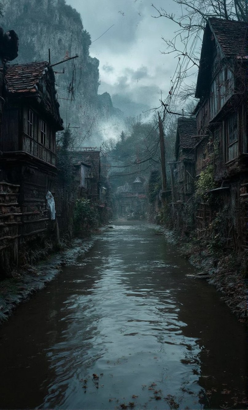 (National geographic style, masterpiece) A flooded village in Poland , for too heavy  rainfall. People  must leave overflooded houses, some can rescue themselves  in the upper etages. The wild water has taken over roads and cars. Civilization has taken a full stop. Horizontal perspective, dark palette,  greyish toned colors, epic view, dramatic lighting,  high resolution and contrast and colour contrast,  intricately textured and extremely subtle detailed,  detailmaster2,  side-light,  ultra quality,  fine artwork 