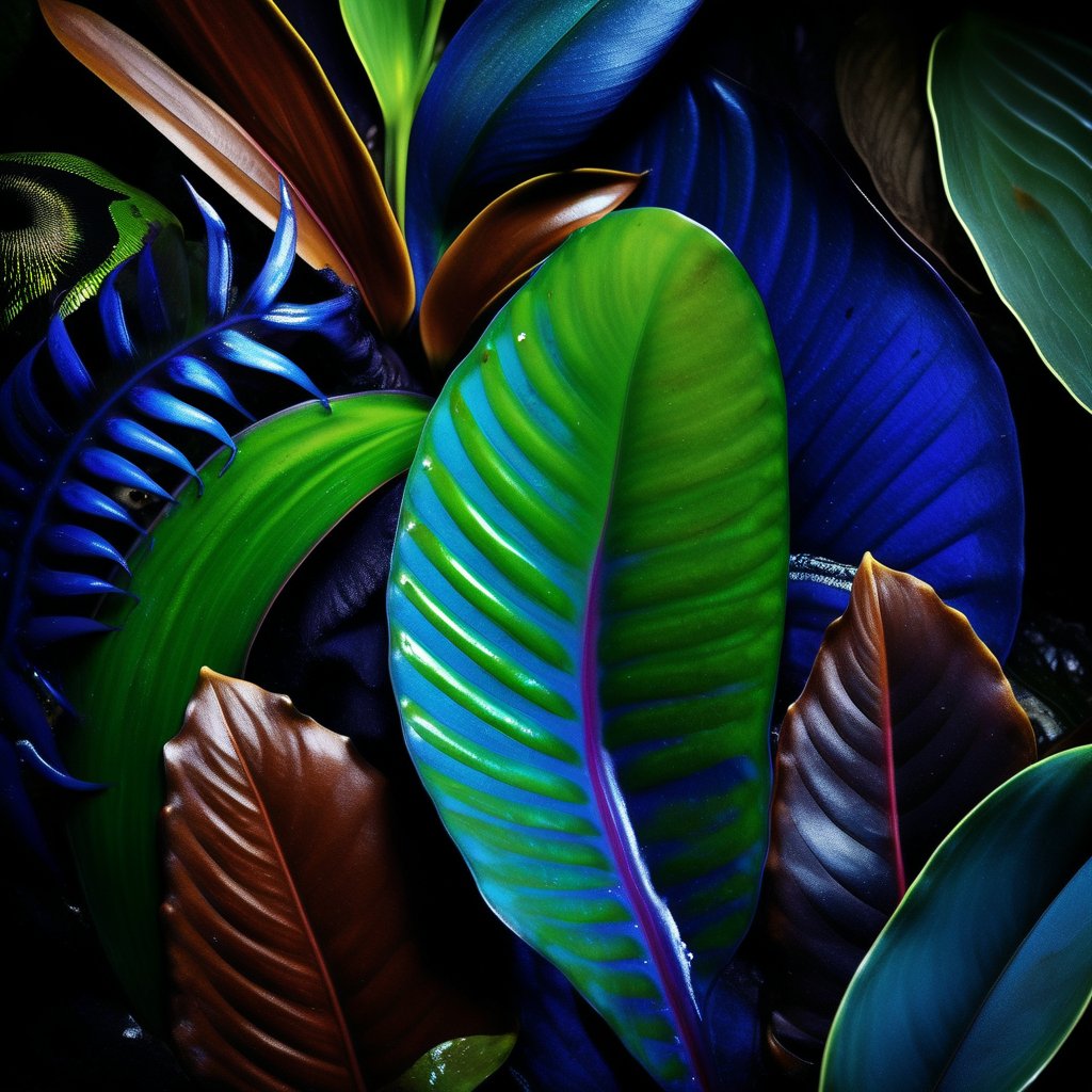 (Art photography)A surrealistic photographic look into the real world of rainforest life and living, plants animals depending on each other, seen in the creeping plant and animal structures,  extra dark palette, inverted  colours, green,   indigo, brown, teal, high resolution and contrast and colour contrast,  intricately textured and extremely subtle detailed,  detailmaster2,  side-light,  ultra quality,  fine artwork 