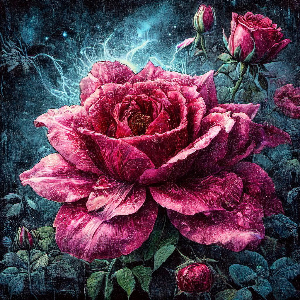 A WONDER flower for everybody that brings love and courage back,  part rose part lily part fantastic fantasy , dark vivid palette,  high resolution and contrast and colour contrast,  intricately textured and extremely subtle and elegantly detailed,  detailmaster2, side-light,  ultra quality ,Movie Poster,ink art,retro ink
