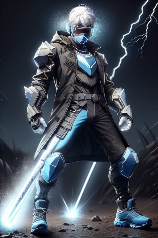 male figure with medium white hair. lean athletic body, ((black long coat jacket)), blue riot armor, ((combat pants, combat shoes, blue visor, mouthcover)), blue Tron lines. lightning and electricity sparking around, blue gauntlets, ledarraytech 