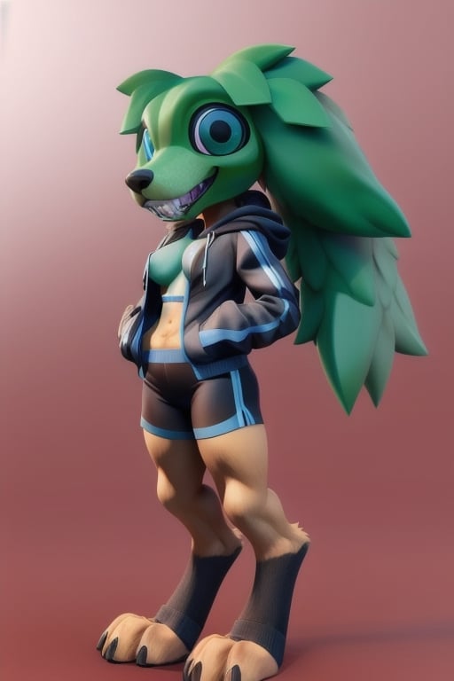 ((anthro female)), ((cocker spaniel)), long ears, ((golden fur)), ((digitigrade)), short stack, blue_eyes, medium-sized breasts, ((big green head)), ((big white human teeth)), open black jacket hoodie, black sports bra, blue athletic shorts, ((black socks)), ((human eyes)), full body, anthropomorphic, 3DMM,