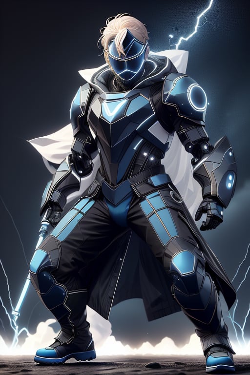 male figure with medium white hair. lean athletic body, ((black long coat jacket)), blue riot armor, ((combat pants, combat boots, blue visor, mouthcover)), blue Tron lines. lightning and electricity sparking around, blue gauntlets, ledarraytech 