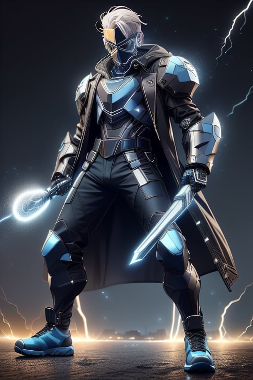 male figure with medium white hair. lean athletic body, ((black long coat jacket)), blue riot armor, ((combat pants, combat shoes, blue visor, mouthcover)), blue Tron lines. lightning and electricity sparking around, blue gauntlets, ledarraytech 