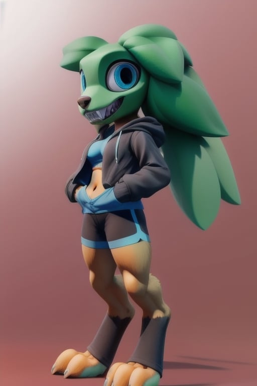 ((anthro female)), ((cocker spaniel)), long ears, ((golden fur)), ((digitigrade)), short stack, blue_eyes, medium-sized breasts, ((big green head)), ((big white human teeth)), open black jacket hoodie, black sports bra, blue athletic shorts, ((black socks)), ((human eyes)), full body, anthropomorphic, 3DMM,