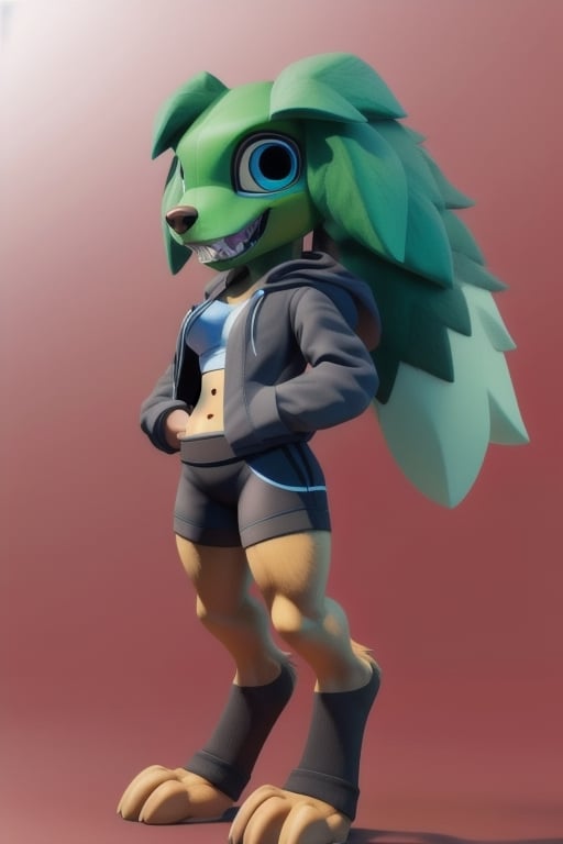 ((anthro female)), ((cocker spaniel)), long ears, ((golden fur)), ((digitigrade)), short stack, blue_eyes, medium-sized breasts, ((big green head)), ((big white human teeth)), open black jacket hoodie, black sports bra, blue athletic shorts, ((black socks)), ((human eyes)), full body, anthropomorphic, 3DMM,