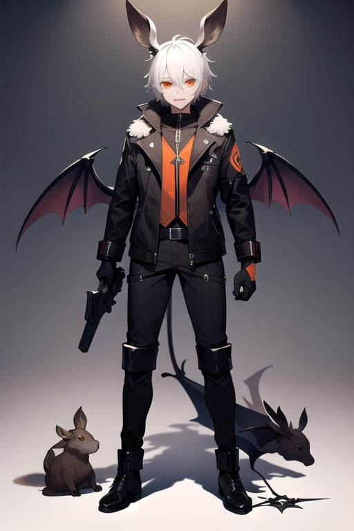 demonic jackalope, assassin black gear, male, bat_wings, teenager, demonic tail, revolver, dagger, white hair, orange trim, full body image, bucked incisors