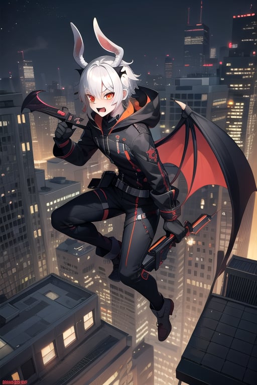 demonic jackalope, assassin black gear, male, bat_wings, teenager, demonic tail, revolver, dagger, white hair, orange trim, full body image, bucked incisors, city hellscape, elk horns, red-orange eyes, atop a building, pointy_teeth,