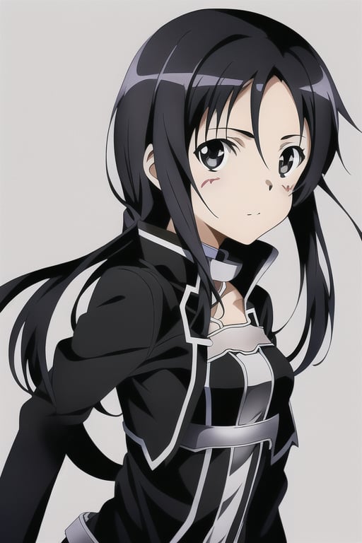 ((simple background, sword art online official art, portrait)), (masterpiece, super fine illustration), (1girl, medium breasts, kirito like, solo, black eyes, black hair, long hair, black jacket, black pants), 