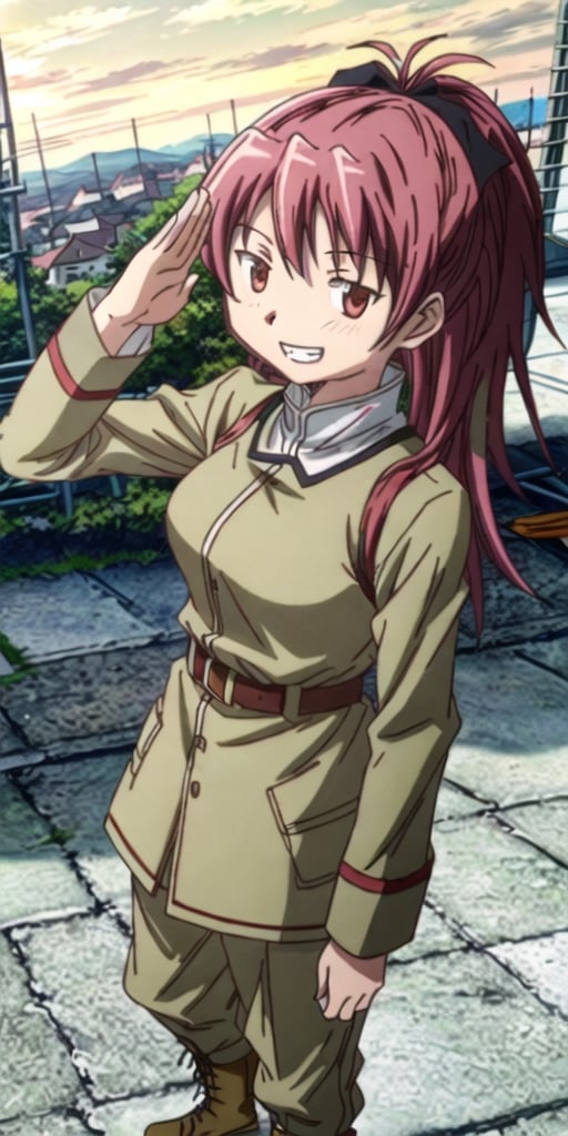 portrait, 1girl, solo, Sakura Kyouko, red hair, red eyes, long ponytail, hair bow, medium breasts, cute, ((grin)), looking at viewer, ((Wehrmacht, army general, General of the Austro-Hungarian Imperial Army, General der österreichisch-ungarischen kaiserlichen Armee, the full dress uniforms of military personnel, German military uniform, khaki military uniform, khaki jacket, long sleeves, stand-up collar, khaki pants, Military cap, general cap)), (((salute))), incredibly absurdres, best quality, ,LOFI