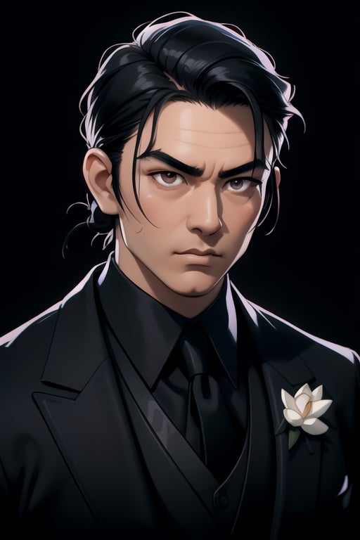 centered, digital art, face portrait, focused face, | black hair, male, man, tuxedo suit, yakuza, | black background, simple background, | depth of field, bokeh, | smooth detailed shadows, hyperealistic shadows, (saturated colors:1.2) |