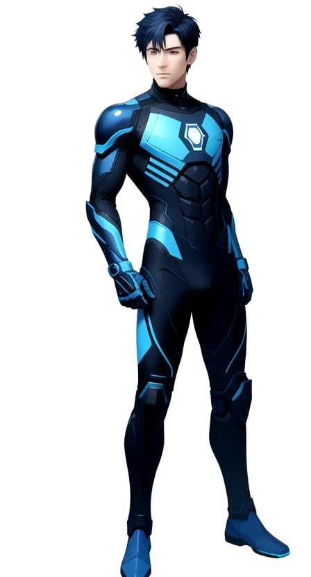 centered, digital art, character concept, cybernetics, artifical intelligence | 1boy, (young adult man), solo, full body, standing, | short man hairstyle, dark blue hair color, dark blue eyes, (looking at viewer:1.2), | dark blue neon armor tight suit, pauldrons, armored tights, neon thigh highs boots, | hyperealistic shadows, detailed outfit, | (white background:1.2), (simple background), | 