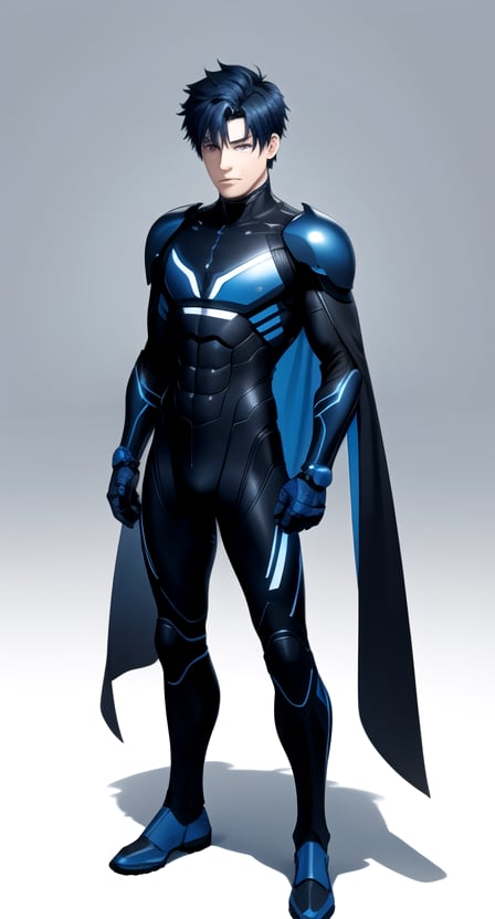 centered, digital art, character concept, cybernetics, artifical intelligence | 1boy, (young adult man), solo, full body, standing, | short man hairstyle, dark blue hair color, dark blue eyes, (looking at viewer:1.2), | dark blue neon armor tight suit, pauldrons, armored tights, neon thigh highs boots, | hyperealistic shadows, detailed outfit, | (white background:1.2), (simple background), | 