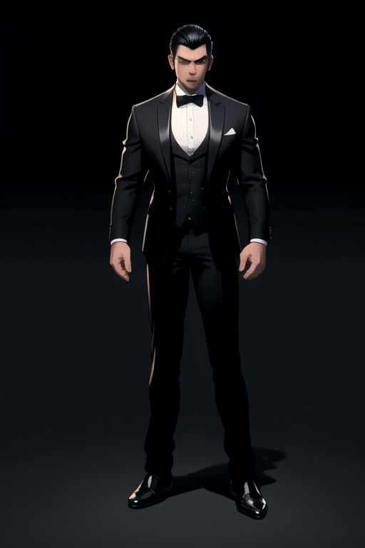 centered, digital art, full body 3/4 profile pose, legs apart, arms outstretched, focused face, looking directly at us| black hair, handsome male, man, black shirt black tie black suit, yakuza, secret agent, spy | black background, simple background, | depth of field, bokeh, | smooth detailed shadows, hyperealistic shadows, (saturated colors:1.2) |