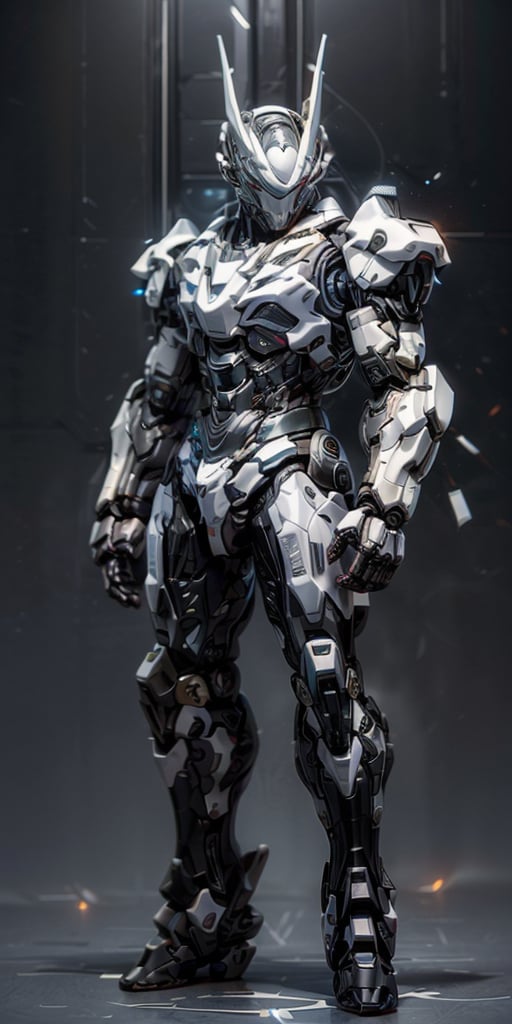 cute cyborg, 20-ish, half man, half robot, cybernetics, artifical intelligence, facial chin implant, chin guard, illuminated cranial implant, looking at us, full body standing alert, on white background, highly detailed, cinemtatic lighting and shadows, full frontal pose, mecha humanoid