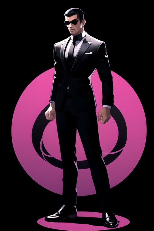 centered, digital art, full body 3/4 profile pose, legs apart, arms outstretched, focused face, looking directly at us| black hair, handsome male, man, black shirt black tie black suit, yakuza, secret agent, spy | black background, simple background, | depth of field, bokeh, | smooth detailed shadows, hyperealistic shadows, (saturated colors:1.2) |