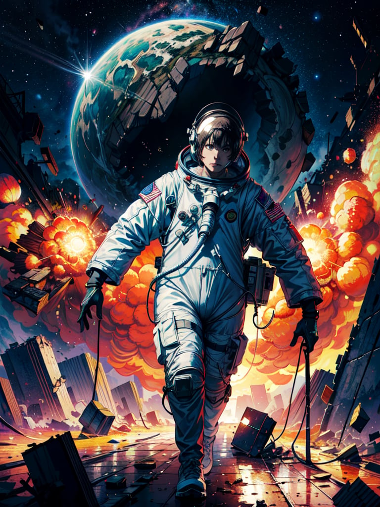 (masterpiece, best quality, portrait, extremely detailed), 1 astronaut, astronaut equipment, astronaut helmet, walking towards a destroyed planet, planet explosing effect, debris floating by