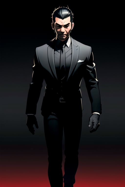 centered, digital art, full body portrait, focused face, | black hair, handsome male, man, black shirt black tie black suit, yakuza, secret agent, spy | black background, simple background, | depth of field, bokeh, | smooth detailed shadows, hyperealistic shadows, (saturated colors:1.2) |