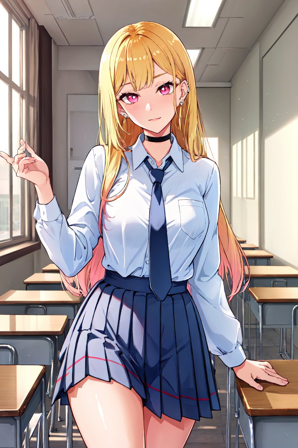 Location: detailed background, BREAK indoors, classroom,

clothing: school_uniform, shirt, black pleated_skirt, black choker, ear piercing, earrings, BREAK black necktie, long sleeves, sleeves rolled up, 

hair & face: bangs, blonde hair with black streaks, pink ruby eyes, long hair, slit pupils, perfect eyes, (beautiful_face:1.5), Beautiful Nose

role lock: 1 girl,Solo, Manga,mature female, Beautiful character design, lustrous skin,

expression: (innocent_big_eyes:1.0),

quality: official art, extremely detailed CG unity 8k wallpaper, perfect lighting, Colorful, Bright_Front_face_Lighting, 
(masterpiece:1.0),(best_quality:1.0), ultra high res,4K,ultra-detailed, 
photography, 8K, HDR, highres, absurdres :1.2 , Kodak portra 400, film grain, blurry background, bokeh:1.2, lens flare, (vibrant_color:1.2) , 

body: (Beautiful,medium_Breasts:1.4), (beautiful_face:1.5),(narrow_waist), Beautiful long legs, Beautiful Finger,

others: whisker markings,

character: MARIN KITAGAWA,takeda hiromitsu style,MARIN KITAGAWA