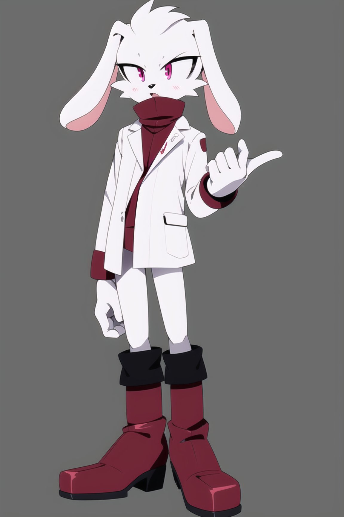 male, white fur, rabbit, tall, thin, wearing a white lab coat and red turtleneck with tall boots, long drooping ears, pink eyes, no pants and a fluffy tail