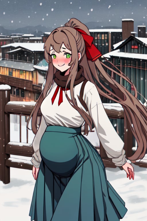 monikaddlc, 1 girl, hot, sexy, green eyes, winter clothes, long hair, solo, brown hair, city, smile, ponytail, blue skirt, looking at the viewer, red ribbon, inside, blush, very long hair, black thighs, pleated skirt, buildings, snow, hair ribbon, walking, showing breasts, taking off shirt,,pregnant