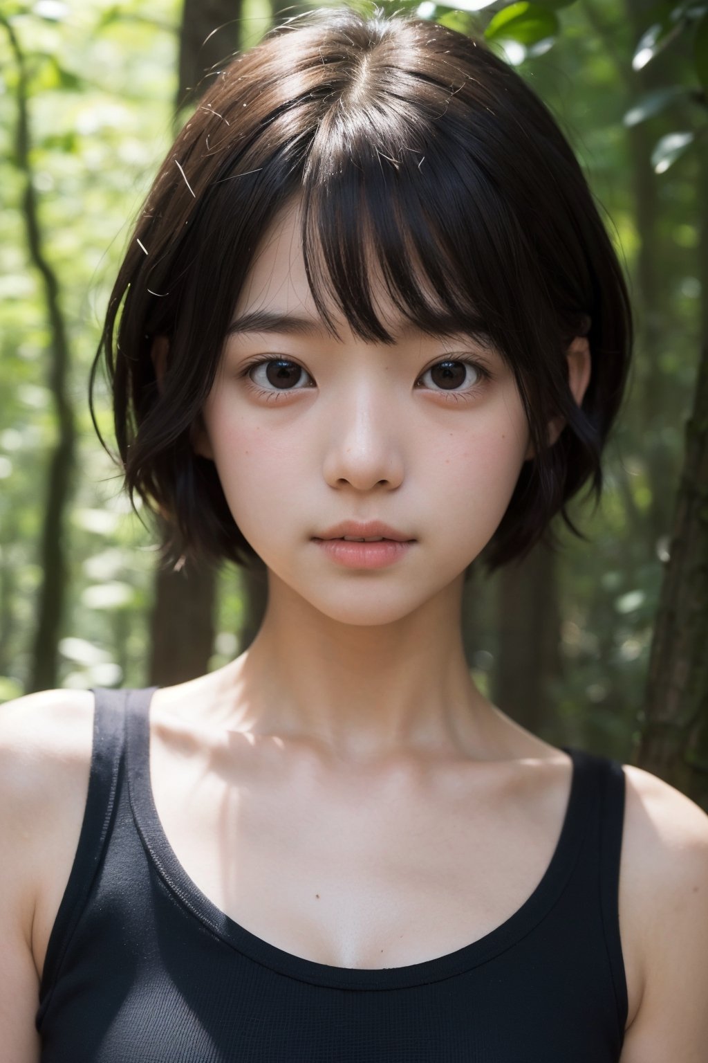 (((deep in the woods))),((looks at viewer)),(focus on the face),(((Only the face enters the shot))),
人物：a Japan girl,Pure and lovely Japan girl,
頭髮：(((very short super short hair: 1.5))),bangs,
(sleeveless spaghetti straps),