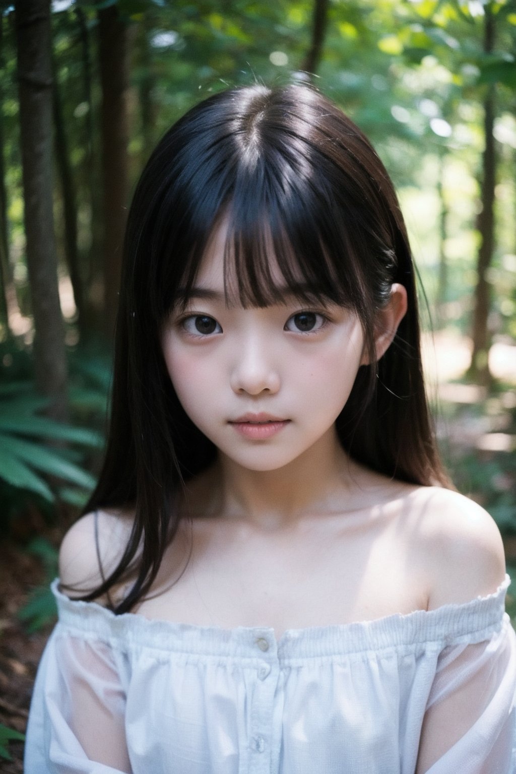 主：(Deep in the woods),(((face photo))),
人：1litte 1kid 7yo gril (Child:1.2), Korean beauty,
優：With a very high artistic composition style,Film photo texture,
體：[[breast:1.3]],
髮：(long hair),(((bangs))), 
服：Off-the-shoulder,(Open collar tulle shirt),