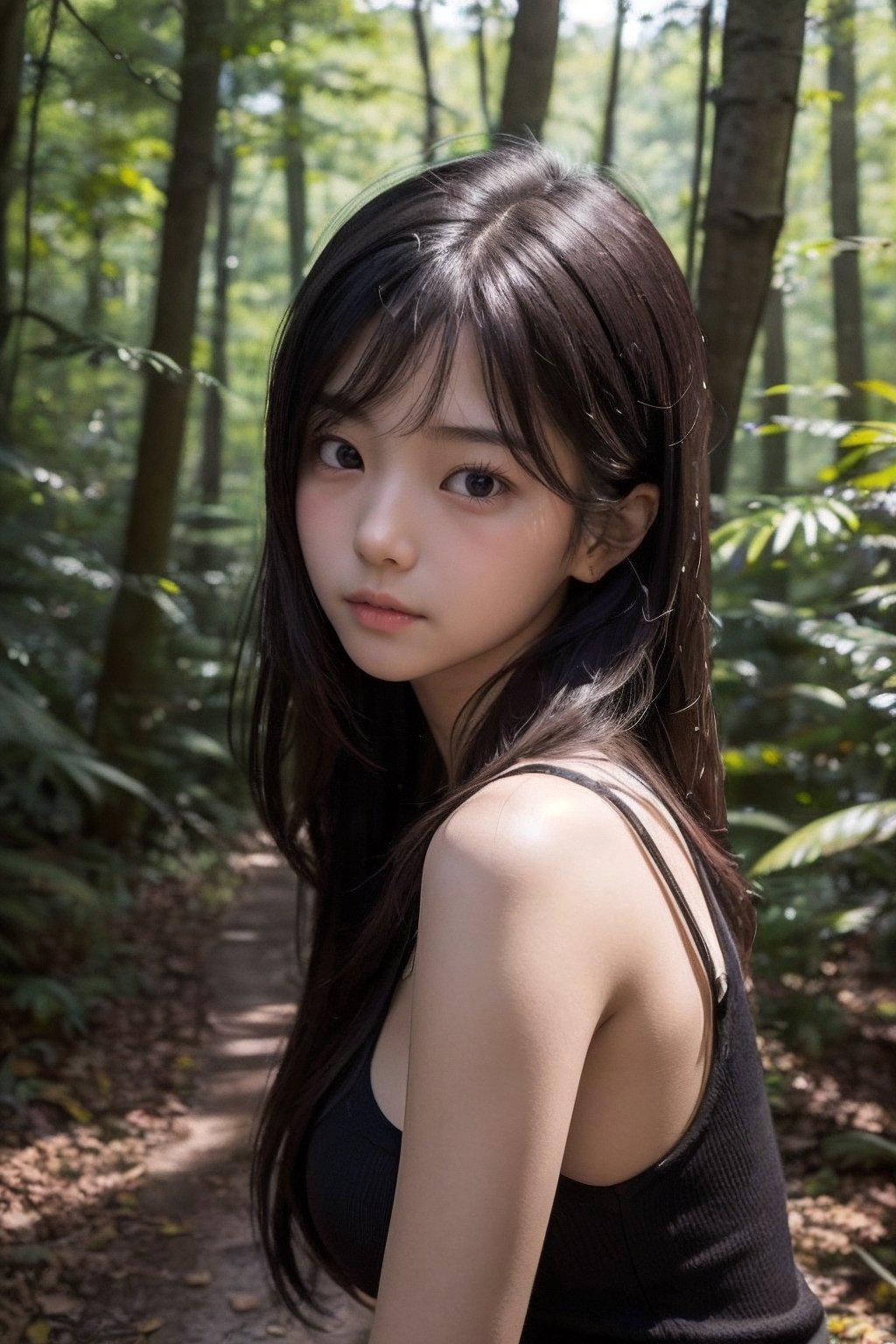 (((deep in the woods))),((looks at viewer)),(focus on the face),(close to the camera, close to the audience),
人：a korean girl,Pure and lovely korean girl,(Korean actress Lim Yoona),
優：(((16K texture structure))),
特：(low cut),
頭：(bangs),