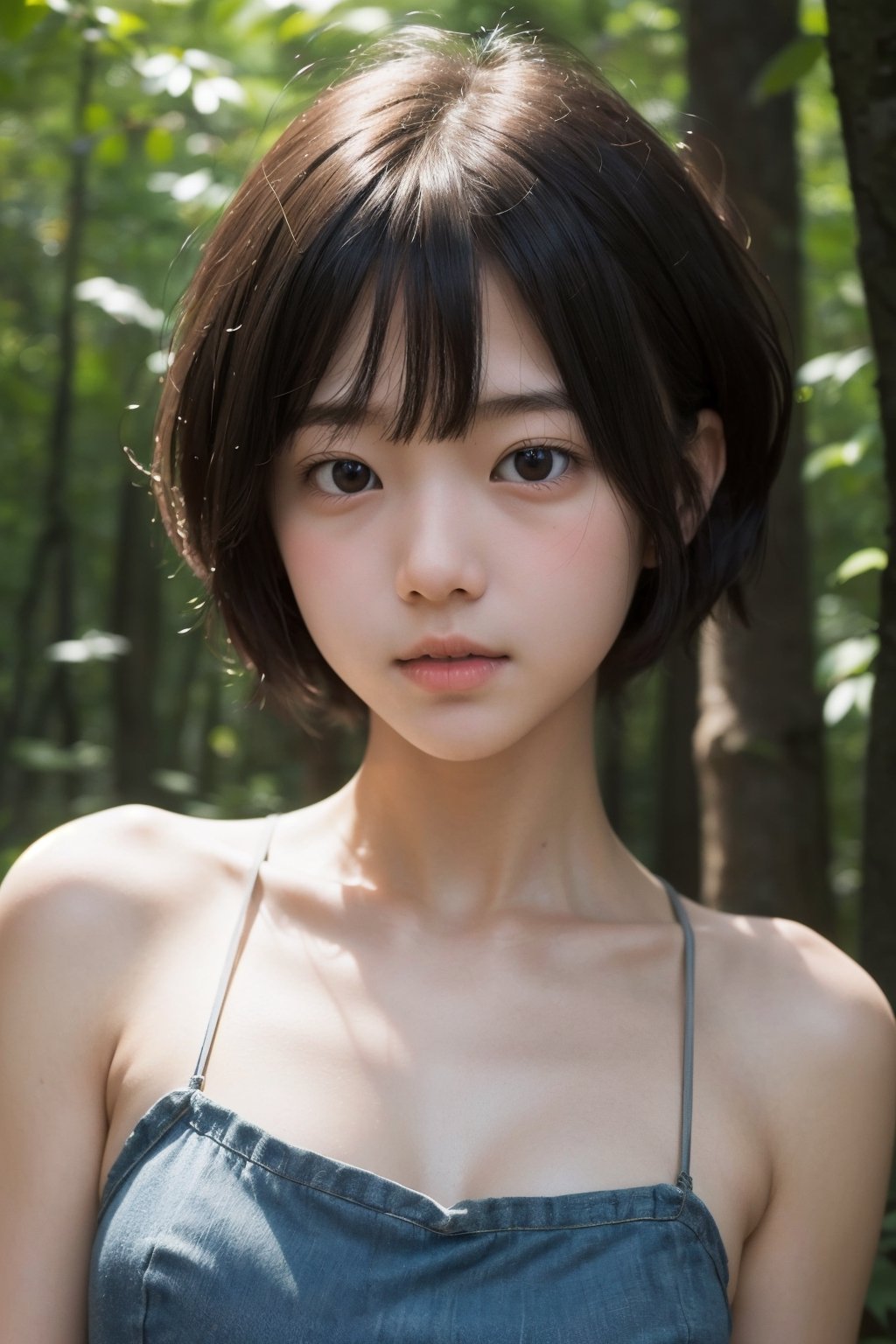 (((deep in the woods))),((looks at viewer)),(focus on the face),(((Only the face enters the shot))),
人物：a Japan girl,Pure and lovely Japan girl,
頭髮：(((very short super short hair: 1.5))),bangs,
(sleeveless spaghetti straps),