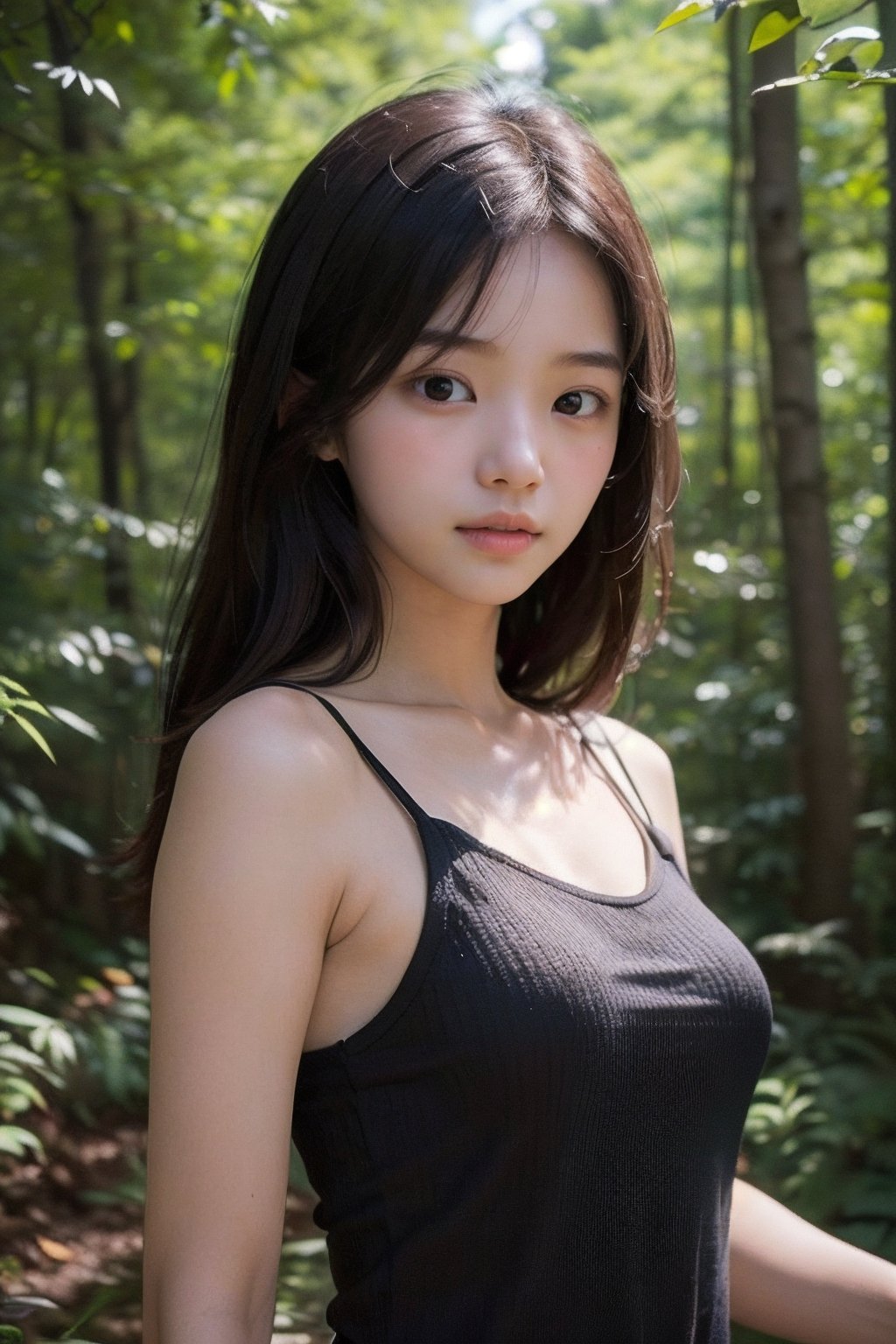 (((deep in the woods))),((looks at viewer)),(focus on the face),(close to the camera, close to the audience),
人：a korean girl,Pure and lovely korean girl,(Korean actress Lim Yoona),(low cut),
優：(((16K texture structure))),
頭：(bangs),
服：(((Spaghetti strap sleeveless sheer shirt))),