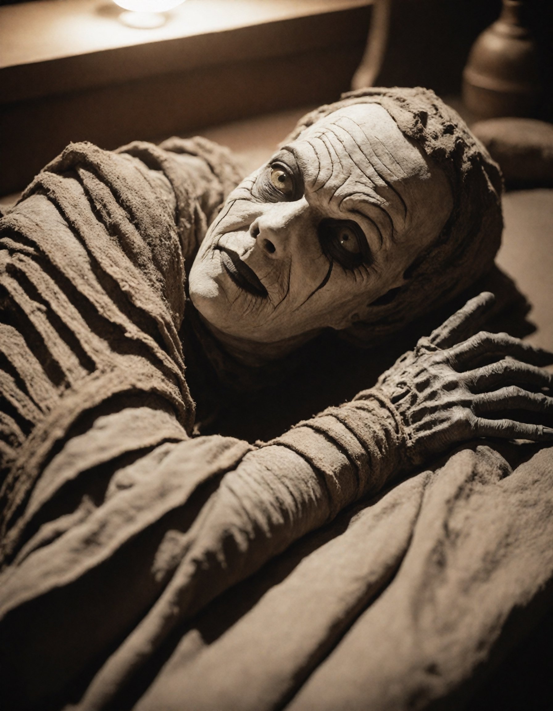 analog film photo of a Pennywise mummy with greyish-green wrinkled skin, with four elongated fingers on each hand and larger, more almond-shaped eyes than a human. It's lying down on a table covered in ancient-looking cloth, with a background showing a dimly lit chamber, hinting at its discovery location. There are various excavation tools laid out beside it. Steampunk, [Art Station, Dribble], close-up, detailed, soft ambient light in the room with a soft focus spotlight on the mummy's face, 4K, Octane render, (sepia tone:1.2) for atmosphere, faded film, desaturated, 35mm photo, grainy, vignette, vintage, Kodachrome, Lomography, stained, highly detailed, found footage