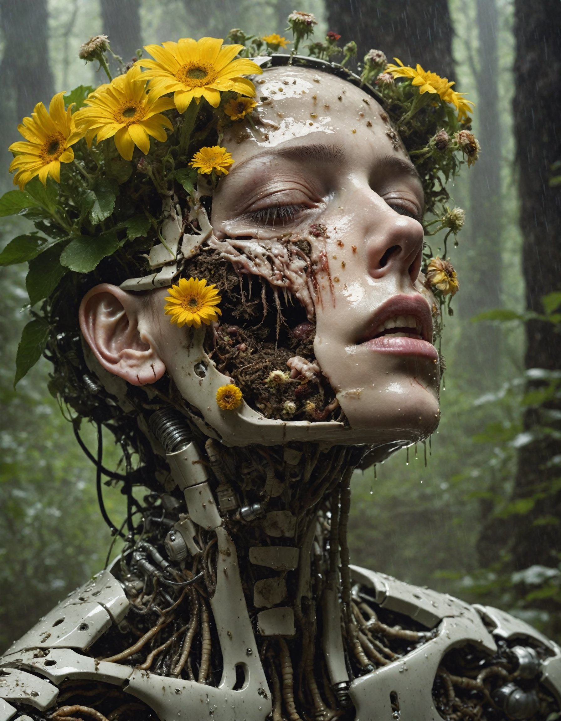 photo of a decayed female robot with the top half of her head cut off, no brain, instead filled with maggots, worms and plants and flowers, half of body is melted into the ground, eyes closed, wet with rain, masterpiece, high res, intricate, professional, photorealistic, dark forest background