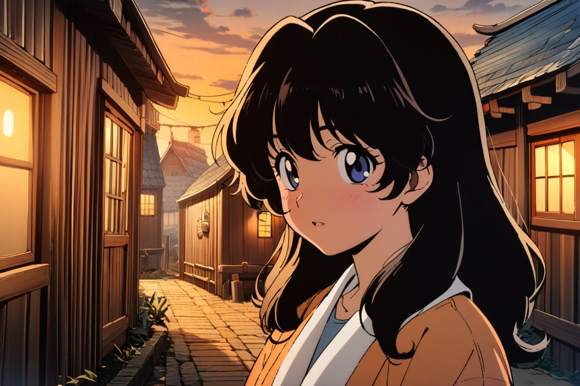 (1980s anime:1.2), 1girl, solo, beautiful face, masterpiece, wooden village, evening