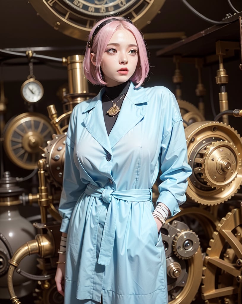 An enthusiastic girl with big blue eyes and short, multi-colored hair, Woman dressed as an alchemist in a steampunk world, surrounded by whimsical clockwork machinery and magical potions.
Flower armor with gears and mechanical details, blending steampunk aesthetics with a touch of nature.
Close-up shot with luminism and bokeh, highlighting the magic and alchemical elements in the scene.
HDR of 1.4, intensifying the colors and textures of the steampunk and magical components.
Cinematic pink and blue filter with a value of 0.85, infusing the image with enchanting and mysterious vibes.
Ethereal background with fractal isometrics, creating a surreal and fantastical setting.
Realistic yet fantastical details, bringing the alchemist's world to life., big_boobs, Perfect anatomy, the golden ratio (masterpiece, top quality, extreme),