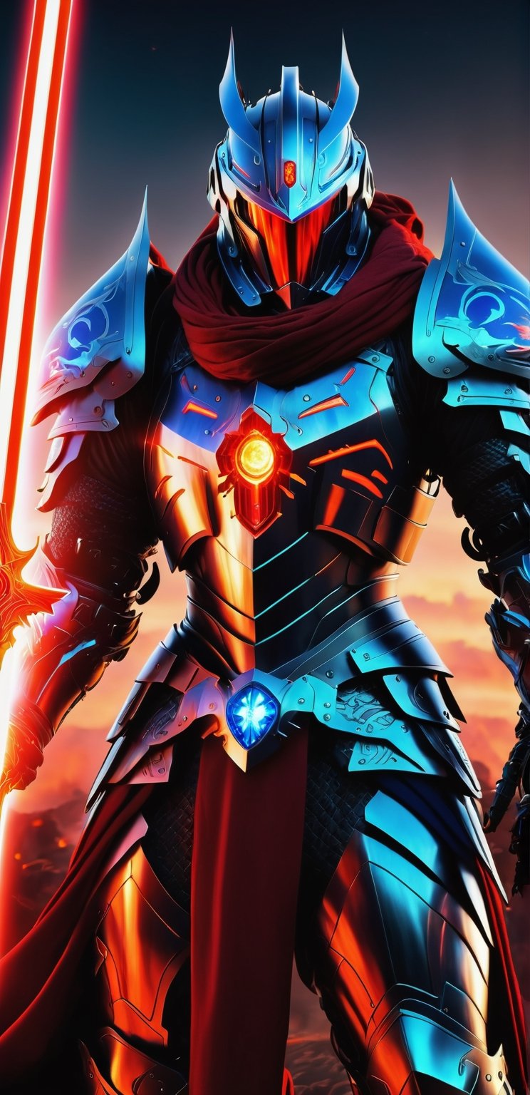 (Realism, photo realism: 1.3), backlight, a knight's mechanical armor, luxurious and exquisite shape, a blue glowing cross carved on the chest of the mecha, the mecha holds a red glowing wide and heavy armor sword, the red scarf sways in the wind, the knight's eyes are red flame light, and the battle posture is drawn,nhdsrmr,LegendDarkFantasy