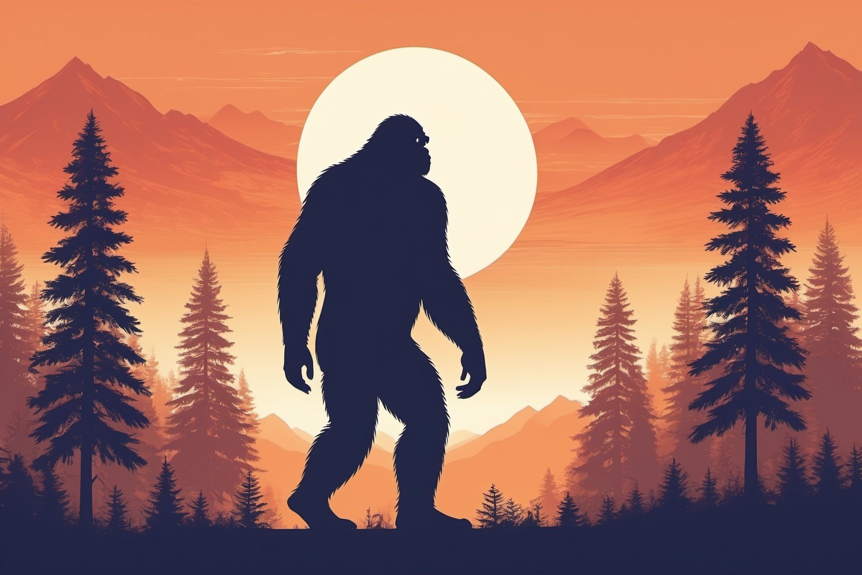 bigfoot sasquatch silhouette wearing sunglasses and walking in the forest silhouette, background sunset and mountain, full illustration drawing for t-shirt printed