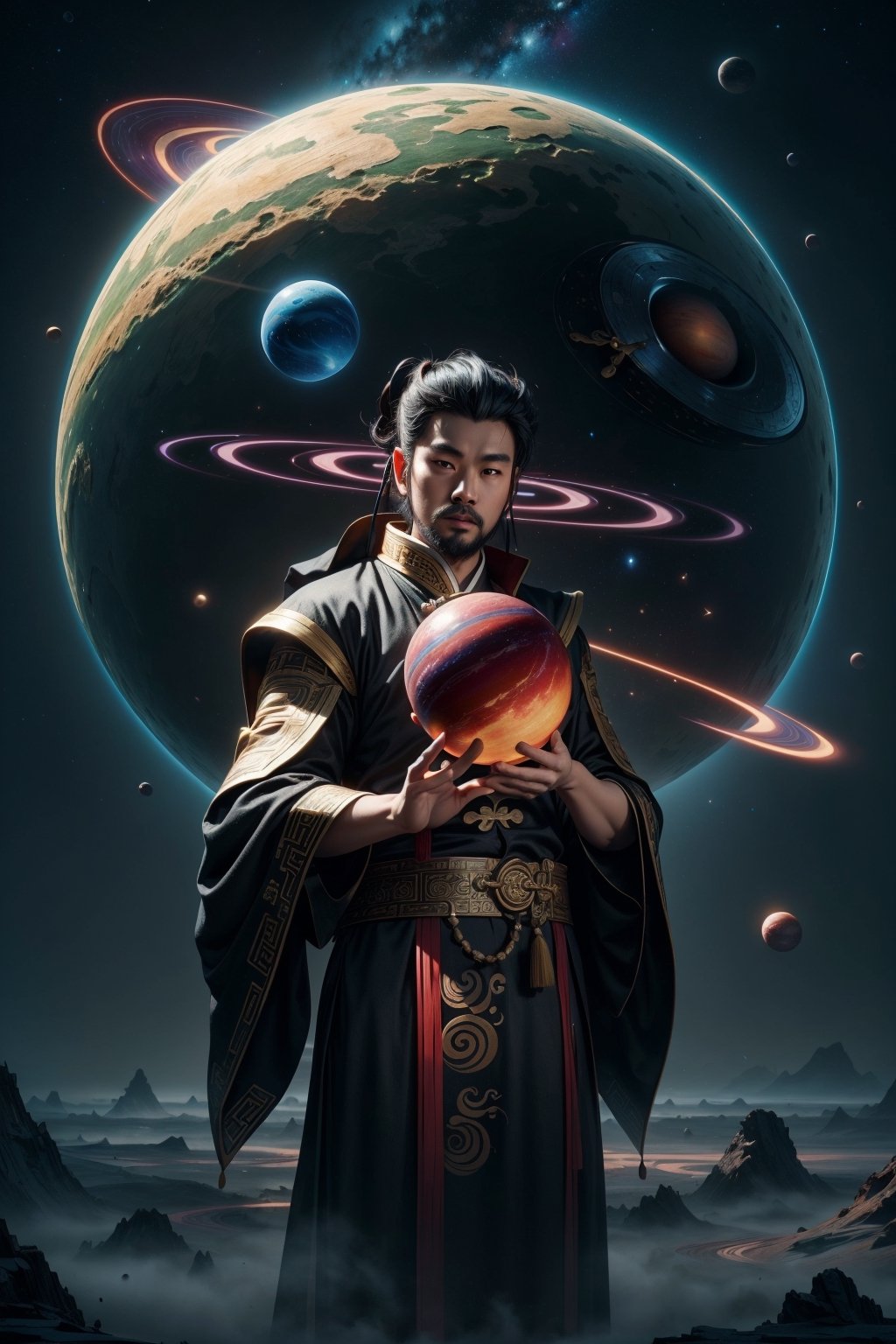 (((Planet on the Back))) Best Quality, Ultra-High Resolution, 4K Detailed CG, Masterpiece, PANGU,Giant,Black Hair,((Chinese MAN holding planets)),Galaxies,Universe,Chinese Mythology, Style of Chinese Painting, Shui mo Hua, Thangka Style,Aesthetics, Beautiful Image, Depth of Field, Centered on Canvas