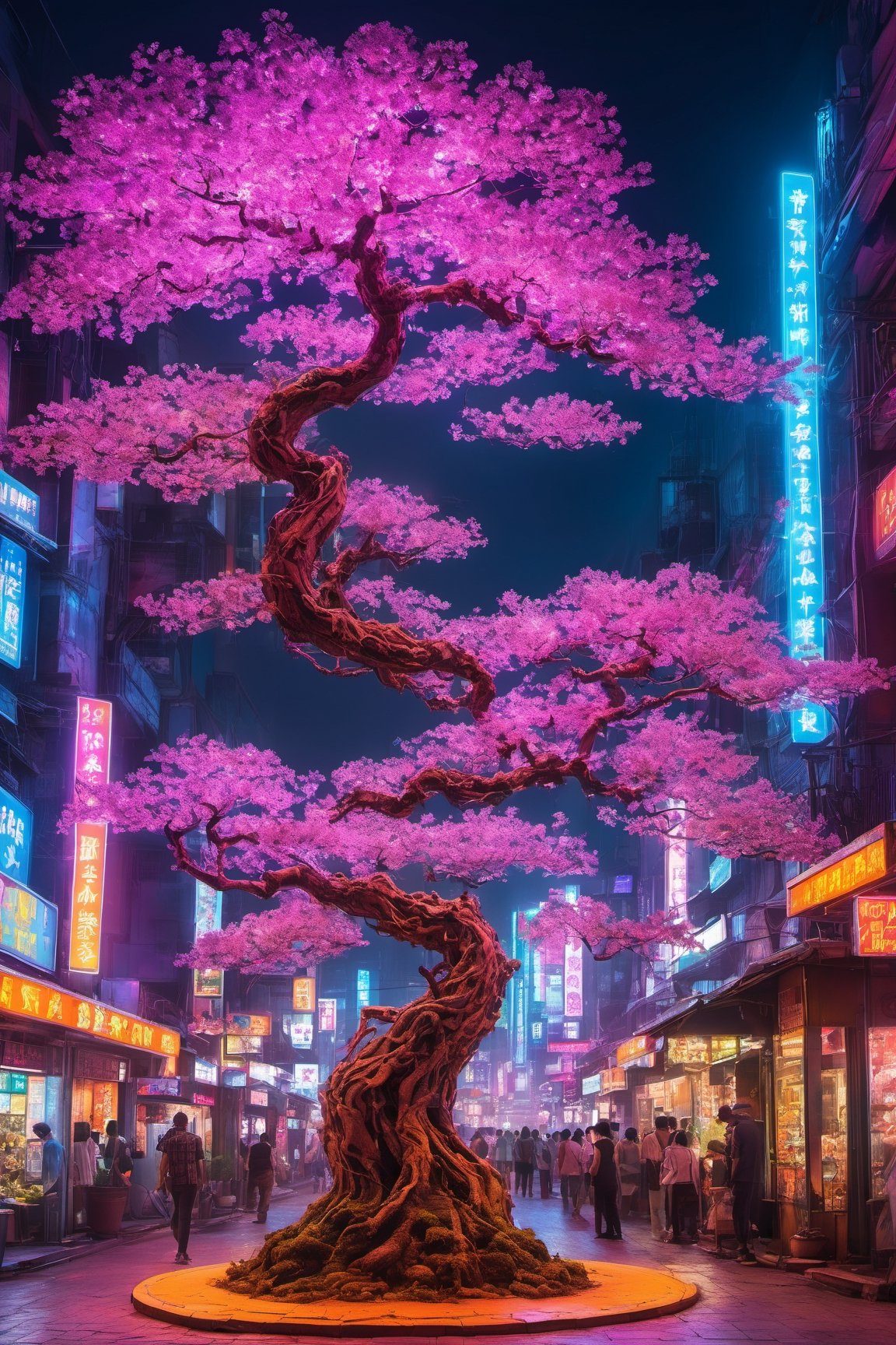 A towering cyberpunk bonsai tree building stands in the heart of a bustling metropolis, Its intricate branches are illuminated by the neon lights of the city.