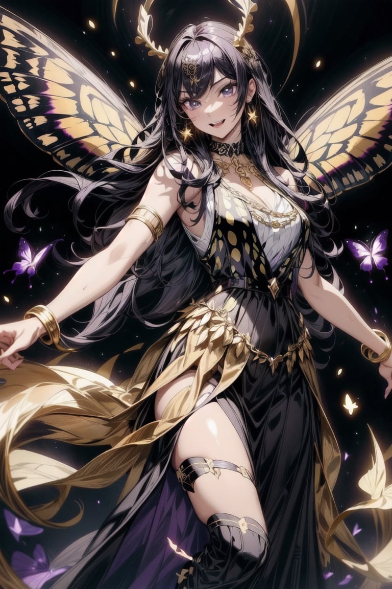 best quality, masterpiece, 8k, 1girl, very long gold tied hairs, face painting, golden and black long vest, long vest, long skirt, evil laugh, butterly wings, purple shiny trails, black bracelet and neckalces, wonderful, detailed arms, detailed fingers, dyanmic background, dynamic scenary, beautiful background